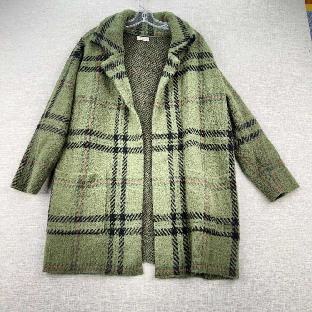 One World Green Plaid Open Front Cardigan Sweater Jacket Plus Size 1X Pocketed